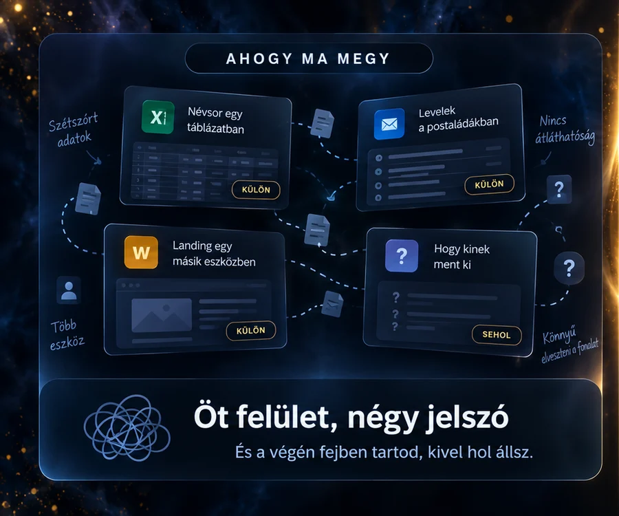 Ahogy ma megy: a névsor egy táblázatban, a levelek a postaládában, a landing egy másik eszközben, és nem látod, kinek ment ki. Öt felület, négy jelszó, a végén fejben tartod, kivel hol állsz.